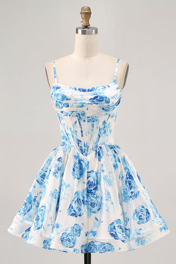 White Blue Flower Printed A Line Corset Homecoming Dress